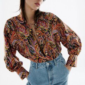 Retro ZARA Oversized Paisley Satin Blouse (M)